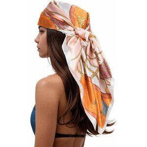 Women's Orange/White Head Scarf Like Silk Printed Square Hair Bandanas 35 Inches